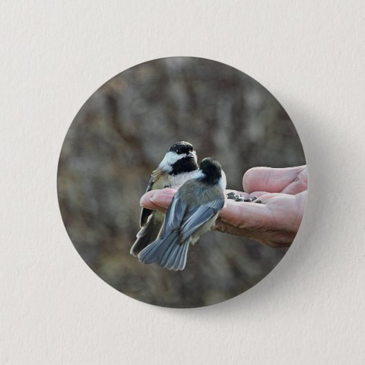 Zwei Chickadees auf einer Hand Button (Vorderseite)