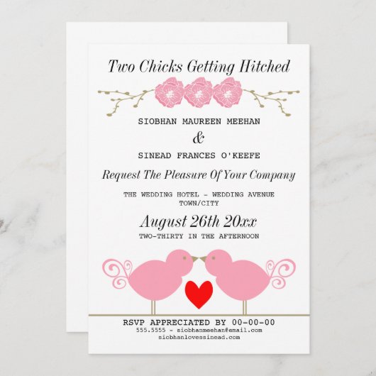 Zwei Chicks Hitched Lesben Hochzeit Einladung (Vorne/Hinten)