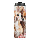 Zwei Chihuahuas mit Blume Liebe Herz Thermosbecher (Vorderseite)
