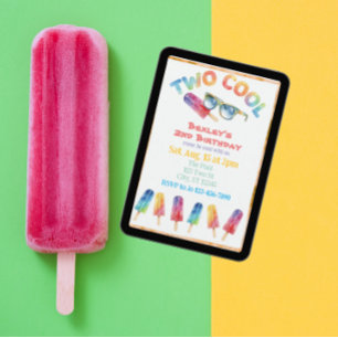ZWEI Cool, Wasserfarben-Eis am Stiel 2. Geburtstag Einladung