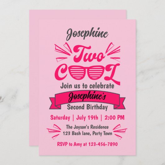 Zwei Coole Girls Pink Sonnenbrille 2. Geburtstag Einladung (Vorne/Hinten)