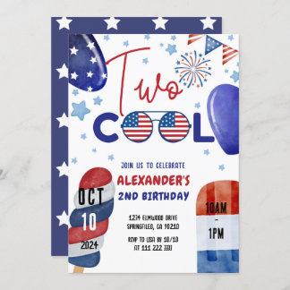 Zwei Coole Juli 4. Rot, Weiß Blau 2. Geburtstag Einladung