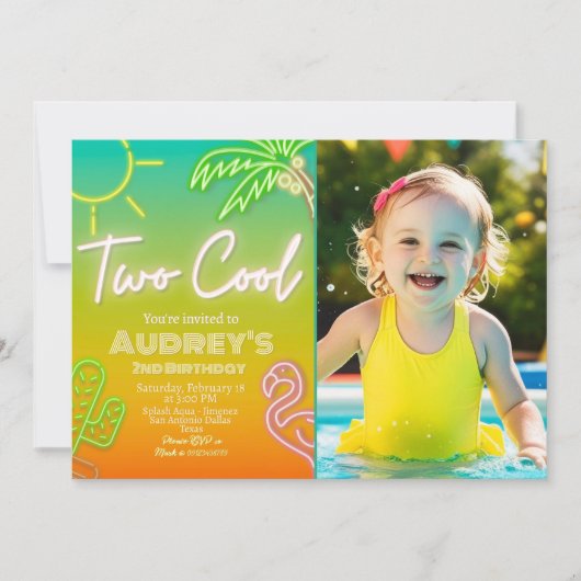 Zwei Coole Neon Pool-Party Einladung mit Foto (Vorderseite)