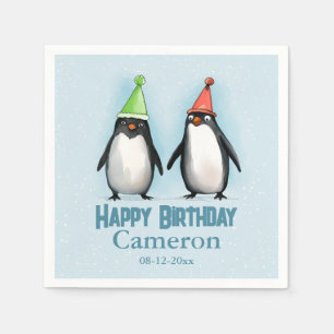 Zwei Coole Pinguine feiern den Geburtstag von Kind Serviette