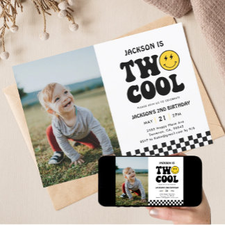 Zwei Coole Retro Boy 2. Geburtstag Foto Einladung