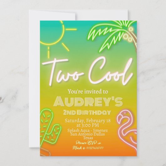 Zwei Coole tropische Neon Pool-Party Einladung (Vorderseite)