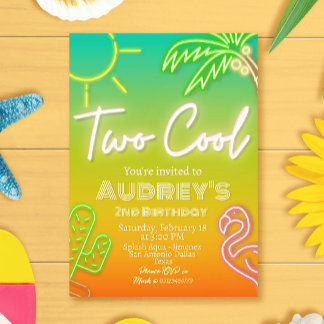 Zwei Coole tropische Neon Pool-Party Einladung