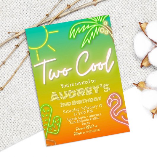 Zwei Coole tropische Neon Pool-Party Einladung
