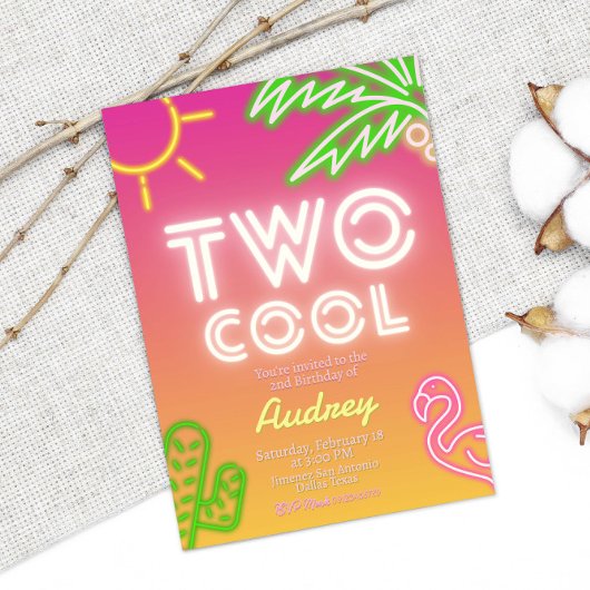 Zwei Coole tropische Rosa Neon Pool Party Einladung