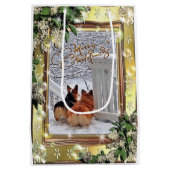 Zwei Corgis im Schnee mit Rahmen Mittlere Geschenktüte (Rückseite)