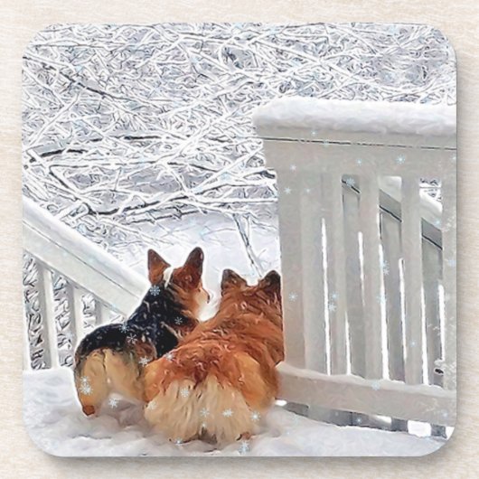 Zwei Corgis im Schnee Untersetzer (Vorderseite)