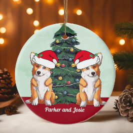 Zwei Corgis in der Weihnachtsmannmütze Niedliche C Keramik Ornament