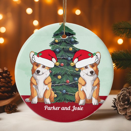 Zwei Corgis in der Weihnachtsmannmütze Niedliche C Keramik Ornament