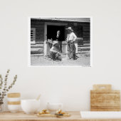 Zwei Cowboys stehend neben einer Scheune mit Pferd Poster (Küche)