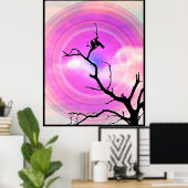 Zwei Crows Silhouette BW Fotografie mit Lila Sonne Poster (Heimbüro)