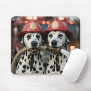 Zwei Dalmatiner-Hunde halten einen Feuerwehrschlau Mousepad
