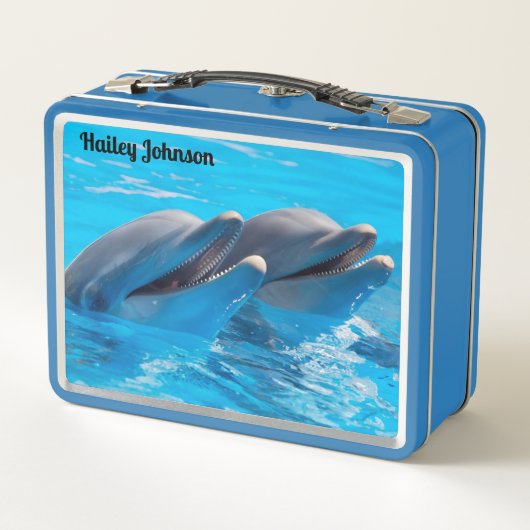 Zwei Delphine in blauem Wasser Metall Brotdose (Rückseite)