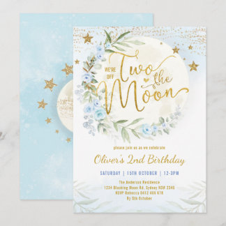 Zwei der Blue Gold Floral 2. Geburtstag Junge Einladung