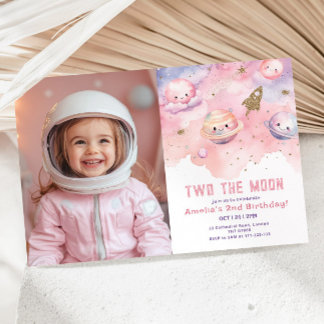Zwei der Mond Girl pink Space Geburtstags-Foto Einladung