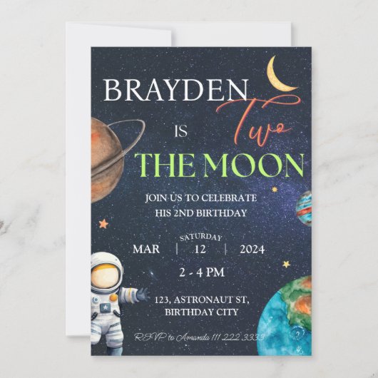 Zwei der Mond Space Boy 2. Galaxy Planets Geburtst Einladung (Vorderseite)