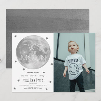 Zwei der Mond Weiß SIlver Junge Foto 2. Geburtstag Einladung