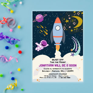 Zwei der Mondjunge Weltraumrakete 2. Geburtstag  Einladung