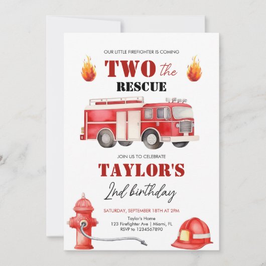ZWEI der Rettungs-Feuerwehrwagen Boys 2. Geburtsta Einladung (Vorderseite)