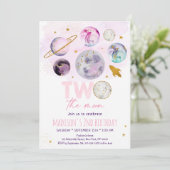 Zwei der rosa Mond Gold Weltraum Geburtstag Einladung (Stehend Vorderseite)