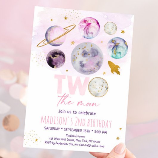 Zwei der rosa Mond Gold Weltraum Geburtstag Einladung