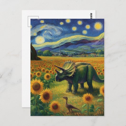 Zwei Dinos in Van Gogh Starry Night Sonnenblumen Postkarte (Vorne/Hinten)
