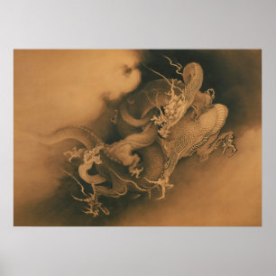 Zwei Drachen in den Wolken Vintage Japanisch Poster