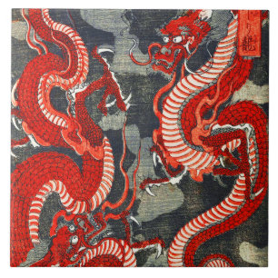 ZWEI DRAGONEN JAPANISCHES WOODCUT IN ROT SCHWARZ-W FLIESE