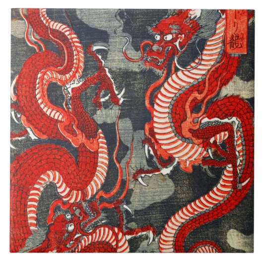 ZWEI DRAGONEN JAPANISCHES WOODCUT IN ROT SCHWARZ-W FLIESE (Vorderseite)