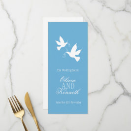 Zwei duves blaues und weißes Hochzeitsmenü Menükarte