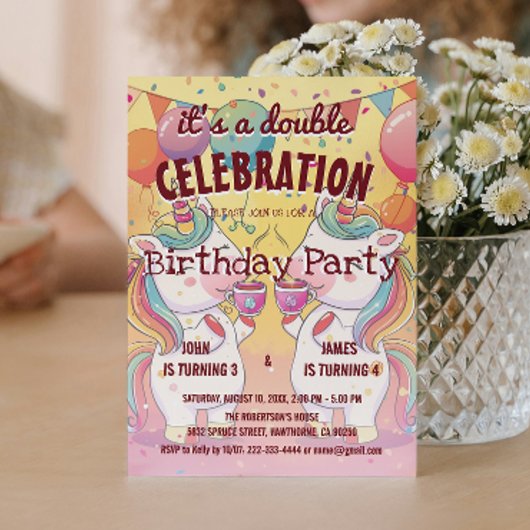 Zwei Einhorn und Balloons Doppelgeburt Party Einladung