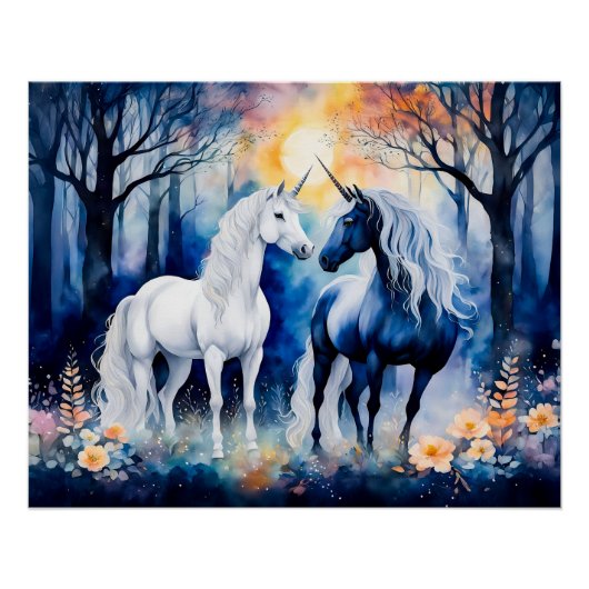 Zwei Einhörner Stehend unter Starry Sky Poster (Vorderseite)