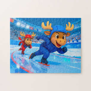 Zwei Elche beim Speedskaten auf einer eisigen Stre Puzzle