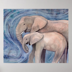 Zwei Elefanten Wildlife-Aquarellmalerei Poster