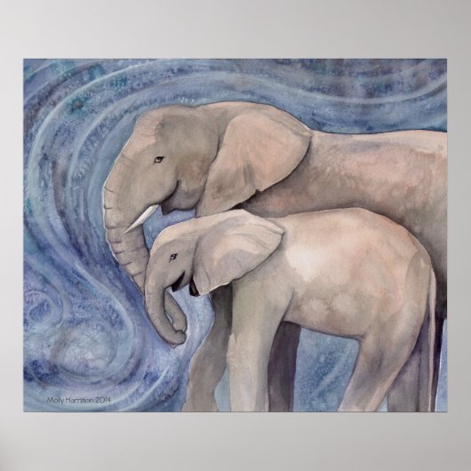 Zwei Elefanten Wildlife Watercolor Malerei Poster (Vorne)