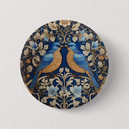 Zwei elegante Blue Birds William Morris Inspiriert Button (Vorderseite)