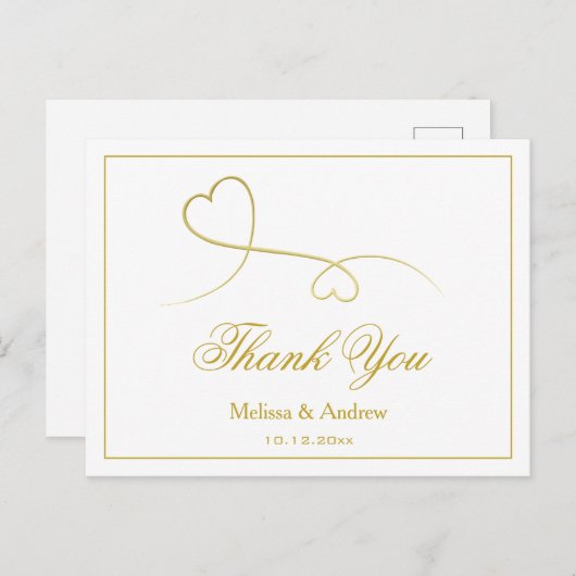 Zwei elegante Goldherzen | Hochzeit Danke Postkarte (Vorne/Hinten)