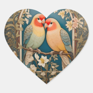 Zwei elegante Liebesvögel Vintage-Blumen Herz-Aufkleber