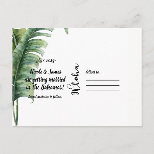 Zwei elegante Palm Blätter Save the Date tropisch Ankündigungspostkarte (Rückseite)