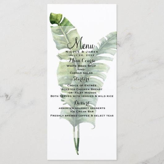 Zwei elegante Palm Blätter Tropical Wedding Menu Menükarte (Vorderseite)