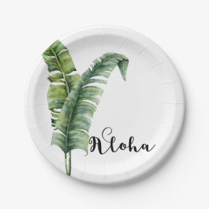 Zwei elegante Palmwedel Tropische Aloha-Hochzeit Pappteller