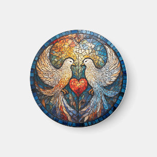 Zwei elegante Tauben im Buntglas-Kunstwerk Magnet