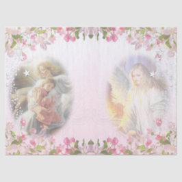 Zwei Engel mit Blume Border auf rosa Decoupage Seidenpapier