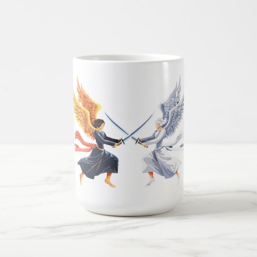 Zwei Engel mit großem Schwert mit offenen Flügeln Kaffeetasse (Mittel)
