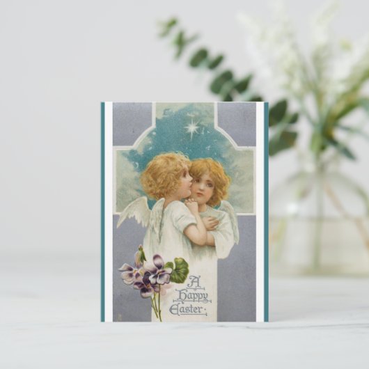 Zwei Engel und ein Cross-Oaster Gruß Postkarte (Stehend Vorderseite)
