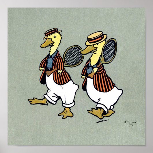 Zwei Enten mit gestreiften Jacken und Tennisschläg Poster (Vorne)